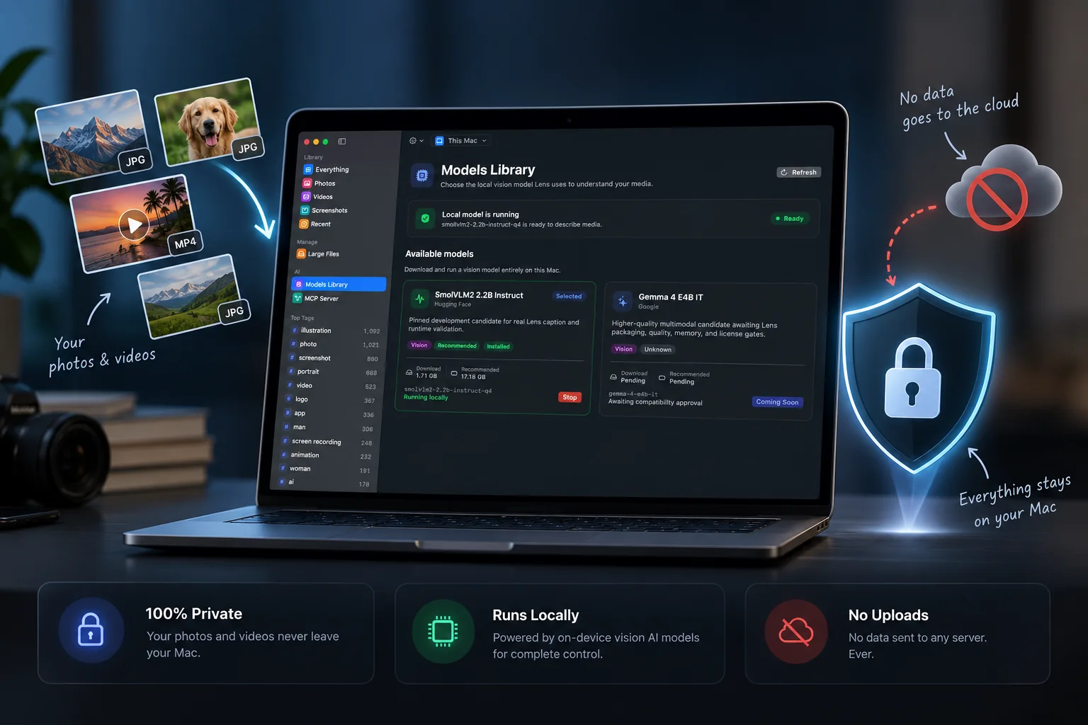 Lens running local vision models while photos and videos stay private on your Mac